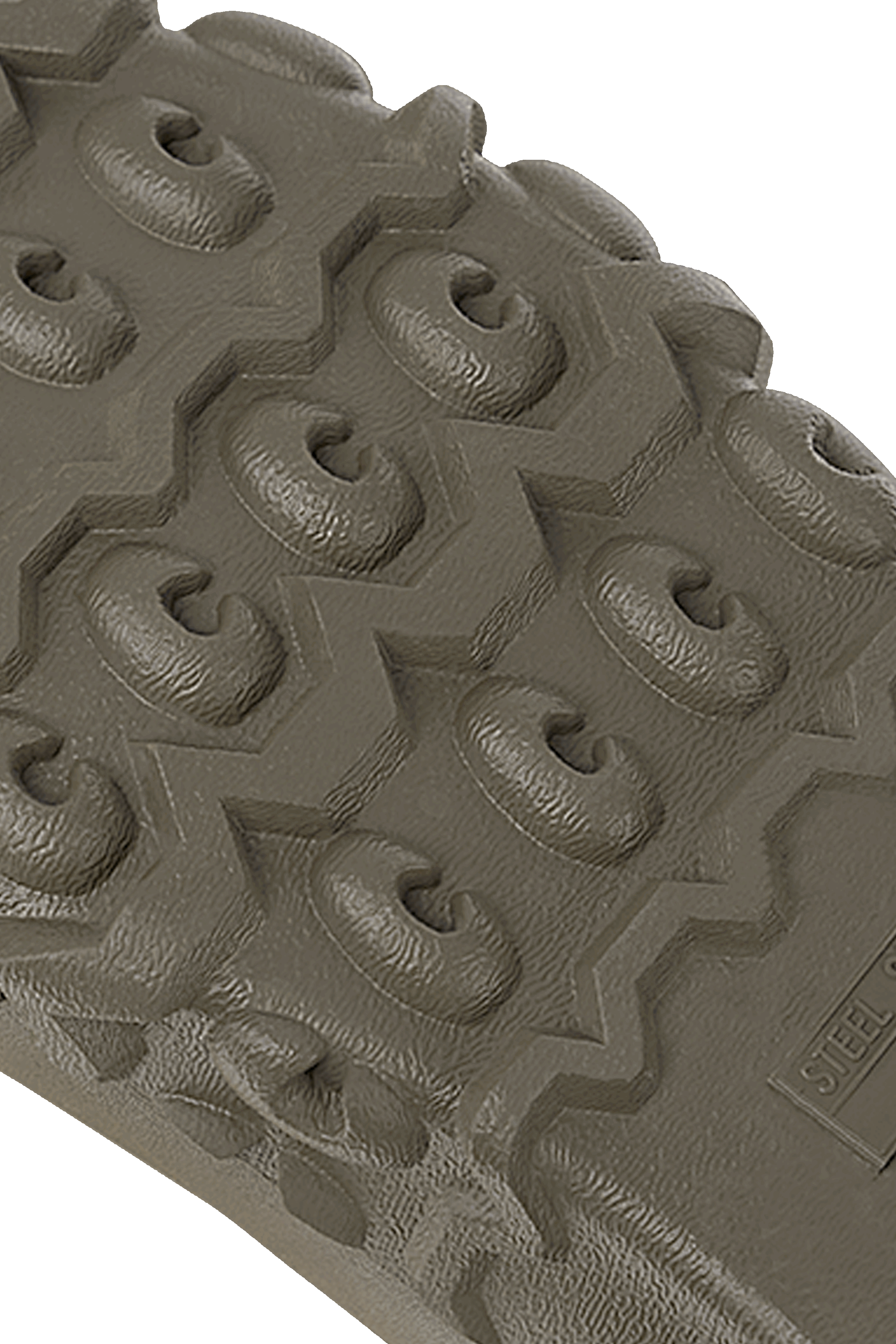 alt="Close-up of Trudave AquaGrip Series men’s waterproof mid-calf rubber work boots outsole in olive green showing deep tread non-slip pattern for traction and durability in gardening, farming, and rain work"